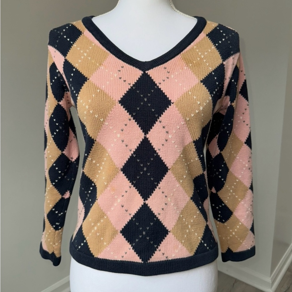 Lizsport Petite Argyle Sweater XS/S Pink Navy Preppy Academia Golfcore Vtg‎ Y2K